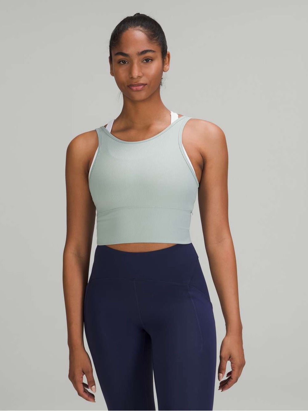 Lululemon Power Pivot Ribbed Tank Top Reversible Silver Blue Green Crop Scoop V